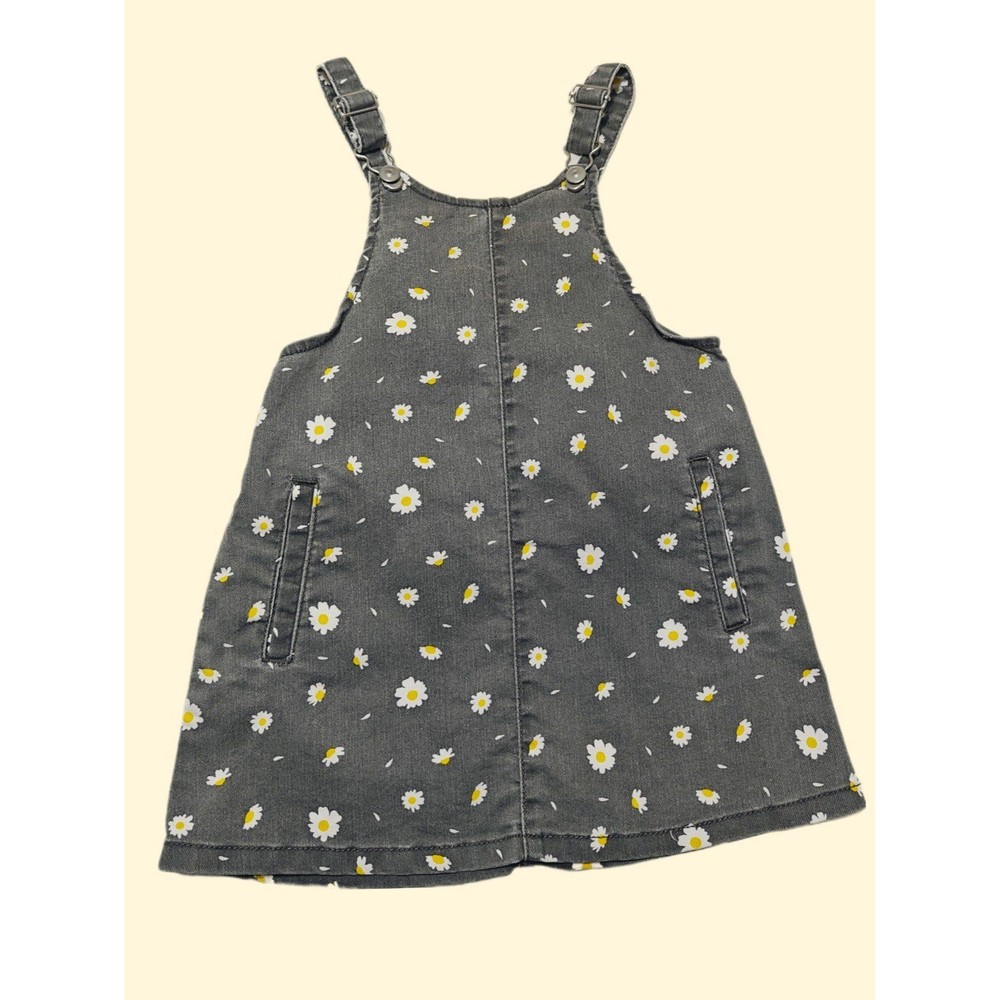 Girls Size 4 Gray Denim Jumper with Daisies 4T Pockets